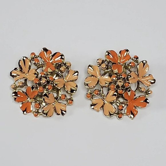 Vintage Coro Orange Peach Enamel Floral Clip-On Earrings Huggies - Picture 9 of 11